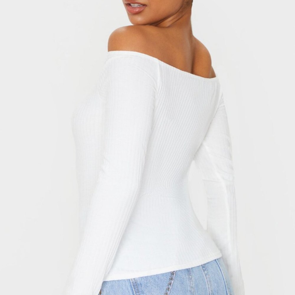 Cream Rib Button Bardot Top - Picture 2 of 7
